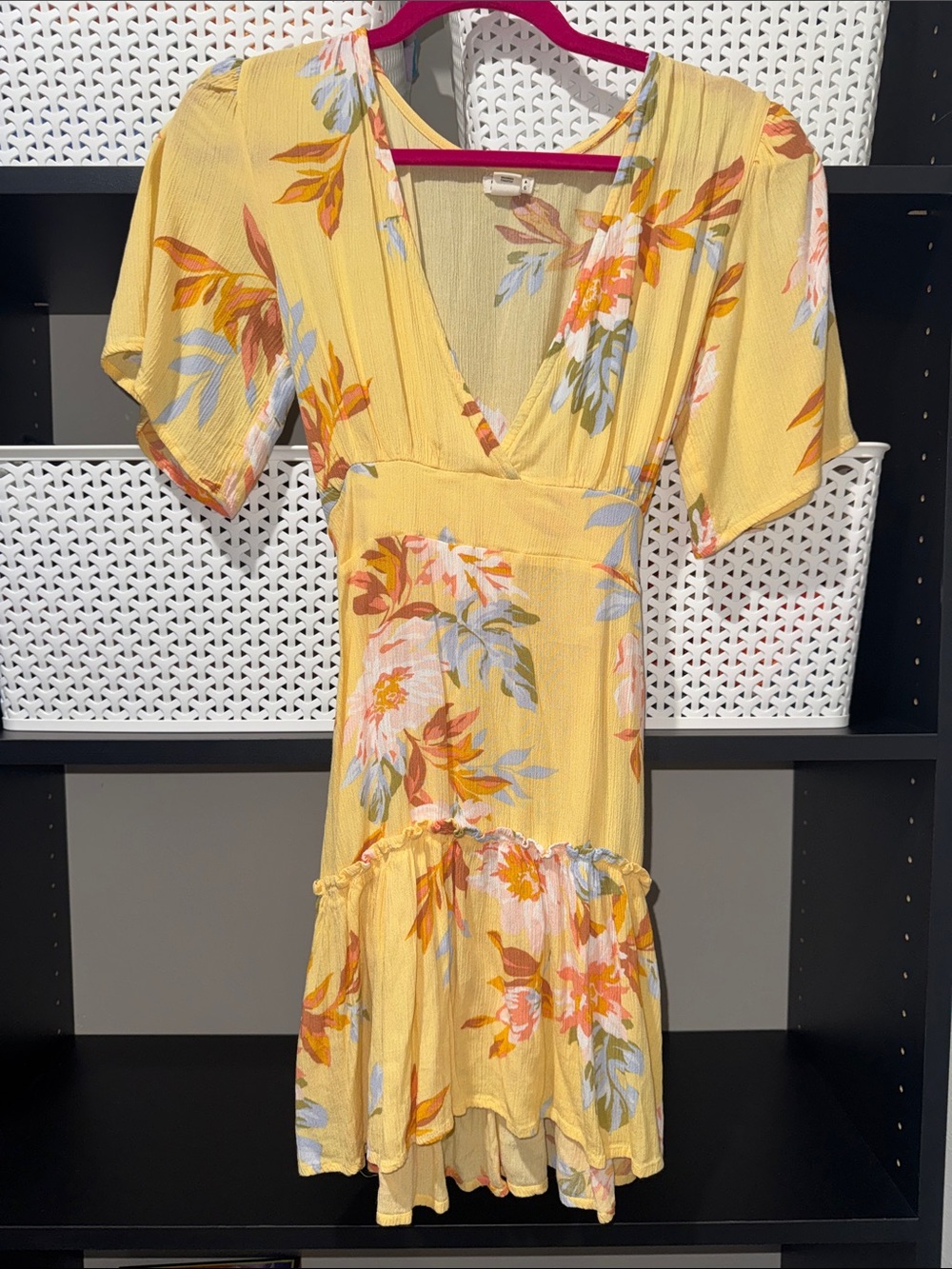 Billabong Yellow Floral V-Neck Mini Dress